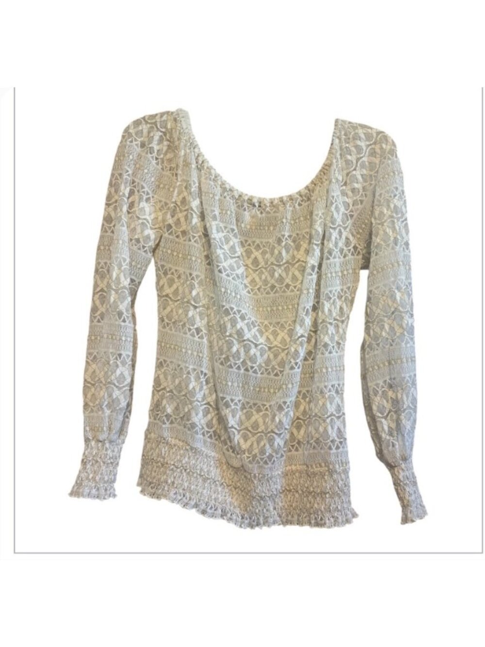 Arden B Women’s Ivory Ruffle Metallic Lace BOHO Sheer Top Size medium